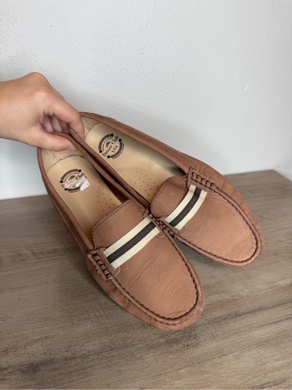 Driver Club USA Mulberry Tan Leather Striped Driving Loafers Moccasins
